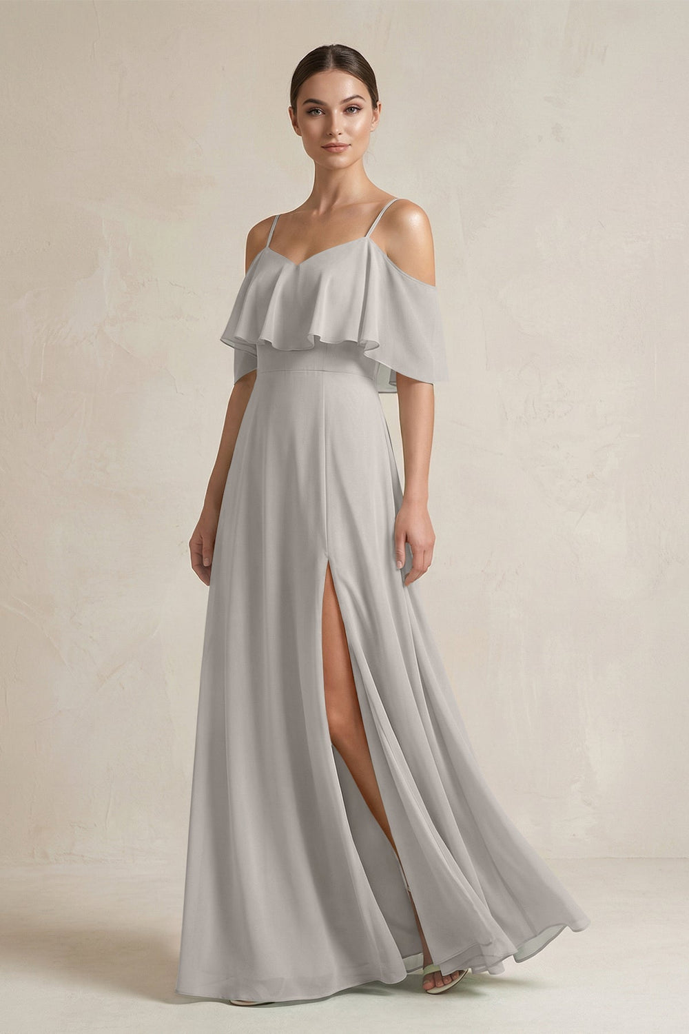 Ruffled Off - the - Shoulder A - Line Chiffon Bridesmaid Gown in Silver - SHE IS ME Bridesmaid Dresses