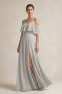 Ruffled Off - the - Shoulder A - Line Chiffon Bridesmaid Gown in Silver - SHE IS ME Bridesmaid Dresses