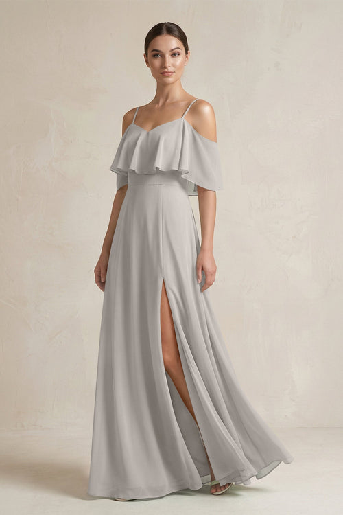 Ruffled Off - the - Shoulder A - Line Chiffon Bridesmaid Gown in Silver - SHE IS ME Bridesmaid Dresses