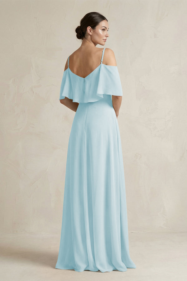 Ruffled Off - the - Shoulder A - Line Chiffon Bridesmaid Gown in Sky Blue - SHE IS ME Bridesmaid Dresses