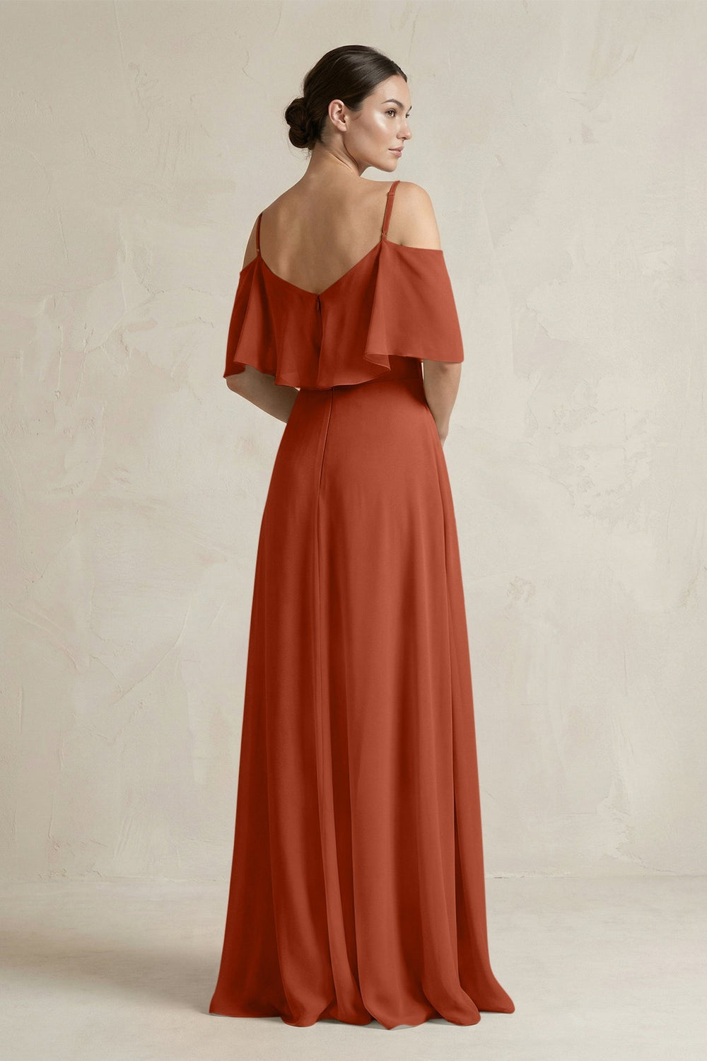 Ruffled Off - the - Shoulder A - Line Chiffon Bridesmaid Gown in Spice - SHE IS ME Bridesmaid Dresses