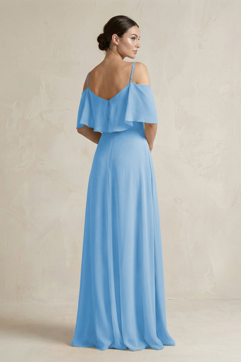 Ruffled Off - the - Shoulder A - Line Chiffon Bridesmaid Gown in Steel Blue - SHE IS ME Bridesmaid Dresses