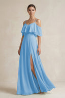 Ruffled Off - the - Shoulder A - Line Chiffon Bridesmaid Gown in Steel Blue - SHE IS ME Bridesmaid Dresses