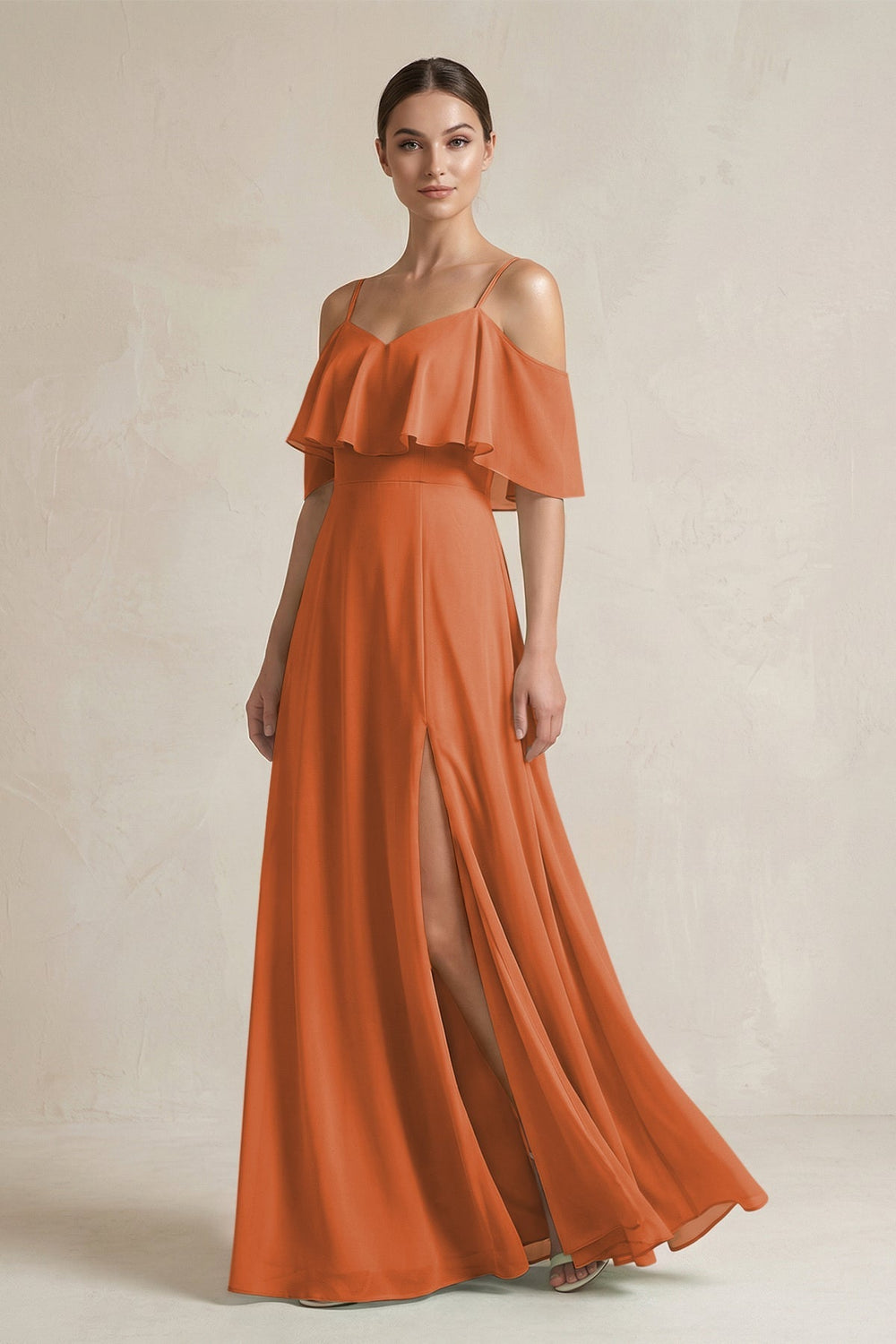 Ruffled Off - the - Shoulder A - Line Chiffon Bridesmaid Gown in Terracotta - SHE IS ME Bridesmaid Dresses