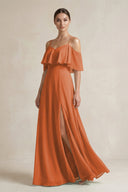 Ruffled Off - the - Shoulder A - Line Chiffon Bridesmaid Gown in Terracotta - SHE IS ME Bridesmaid Dresses