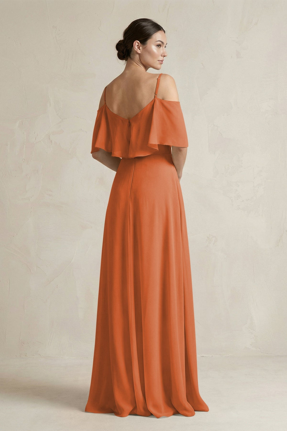 Ruffled Off - the - Shoulder A - Line Chiffon Bridesmaid Gown in Terracotta - SHE IS ME Bridesmaid Dresses