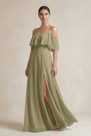 Ruffled Off - the - Shoulder A - Line Chiffon Bridesmaid Gown in Thyme - SHE IS ME Bridesmaid Dresses