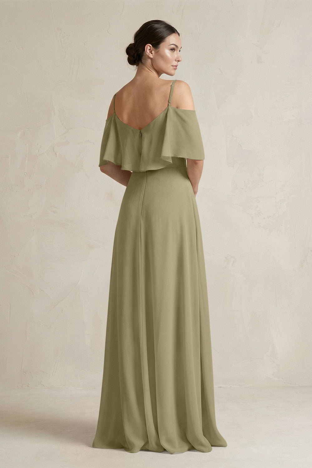 Ruffled Off - the - Shoulder A - Line Chiffon Bridesmaid Gown in Thyme - SHE IS ME Bridesmaid Dresses