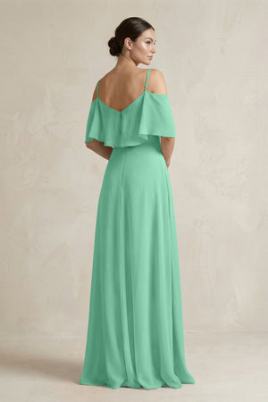Ruffled Off - the - Shoulder A - Line Chiffon Bridesmaid Gown in Turquoise - SHE IS ME Bridesmaid Dresses