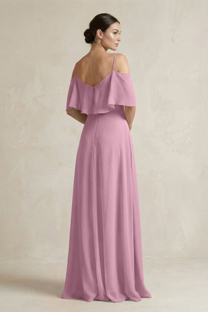 Ruffled Off - the - Shoulder A - Line Chiffon Bridesmaid Gown in Vintage Mauve - SHE IS ME Bridesmaid Dresses