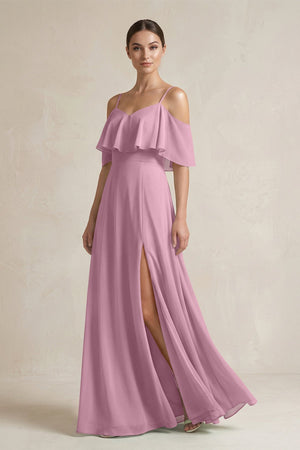 Ruffled Off - the - Shoulder A - Line Chiffon Bridesmaid Gown in Vintage Mauve - SHE IS ME Bridesmaid Dresses