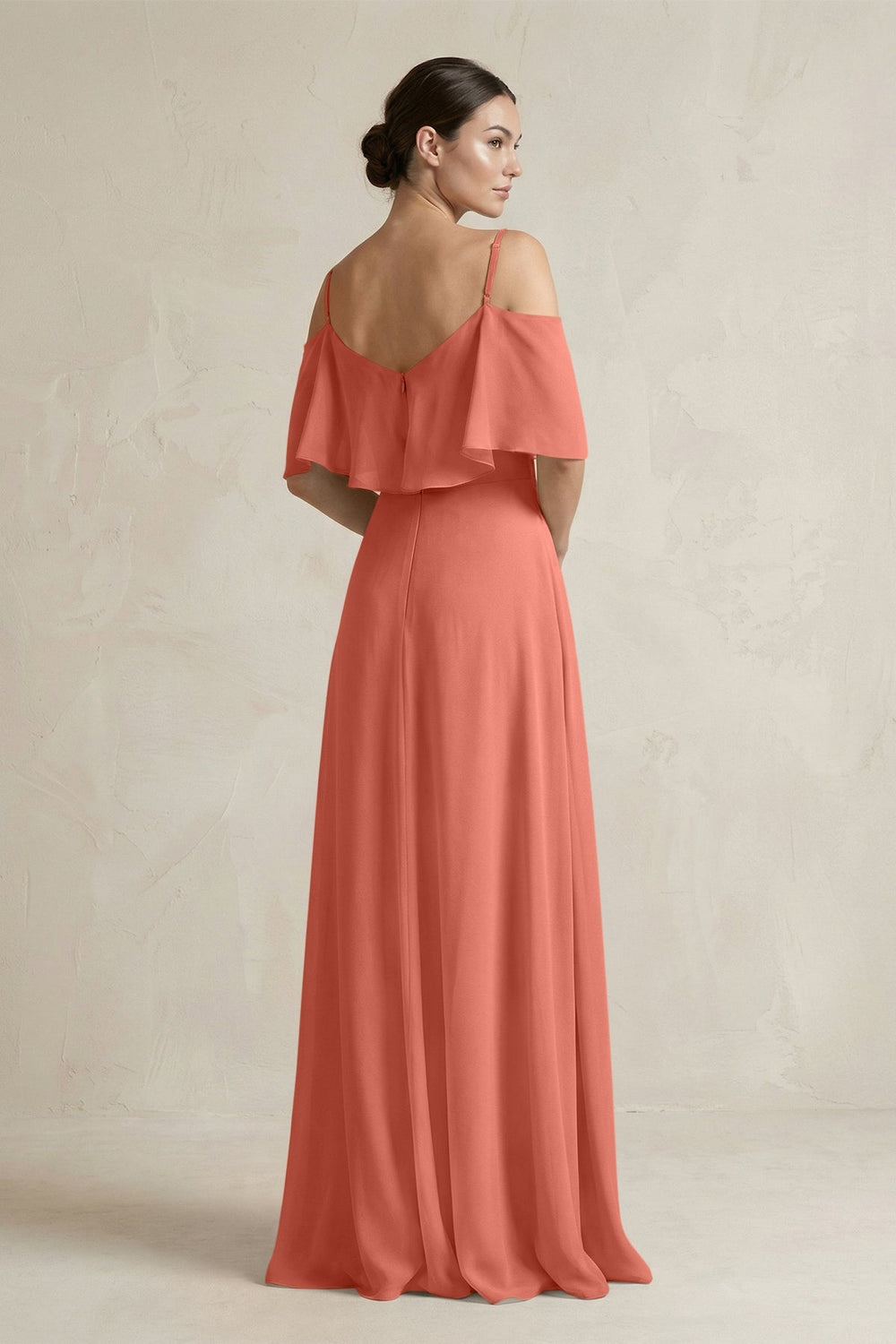 Ruffled Off - the - Shoulder A - Line Chiffon Bridesmaid Gown in Wild Rose - SHE IS ME Bridesmaid Dresses