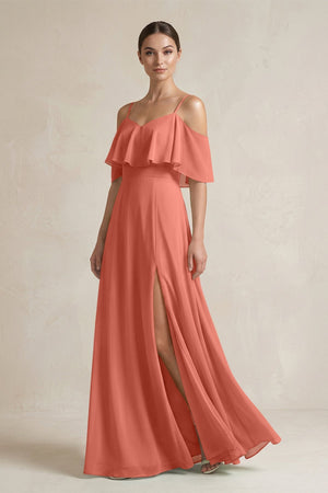 Ruffled Off - the - Shoulder A - Line Chiffon Bridesmaid Gown in Wild Rose - SHE IS ME Bridesmaid Dresses