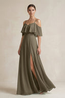Ruffled Off - the - Shoulder A - Line Chiffon Bridesmaid Gown in Willow Green - SHE IS ME Bridesmaid Dresses