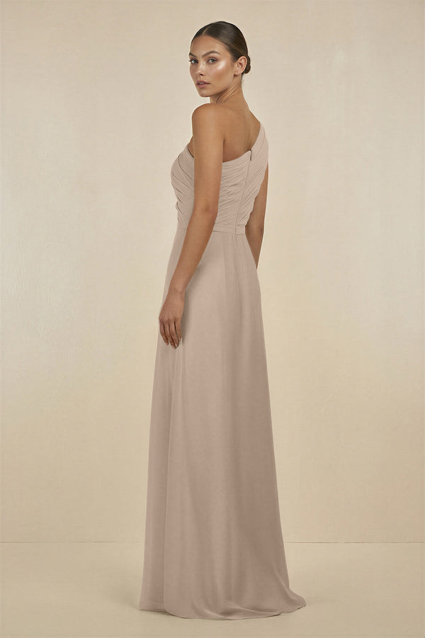 Ruffled One - Shoulder Pleated Sheath Bridesmaid Dress in Almond - SHE IS ME Bridesmaid Dresses