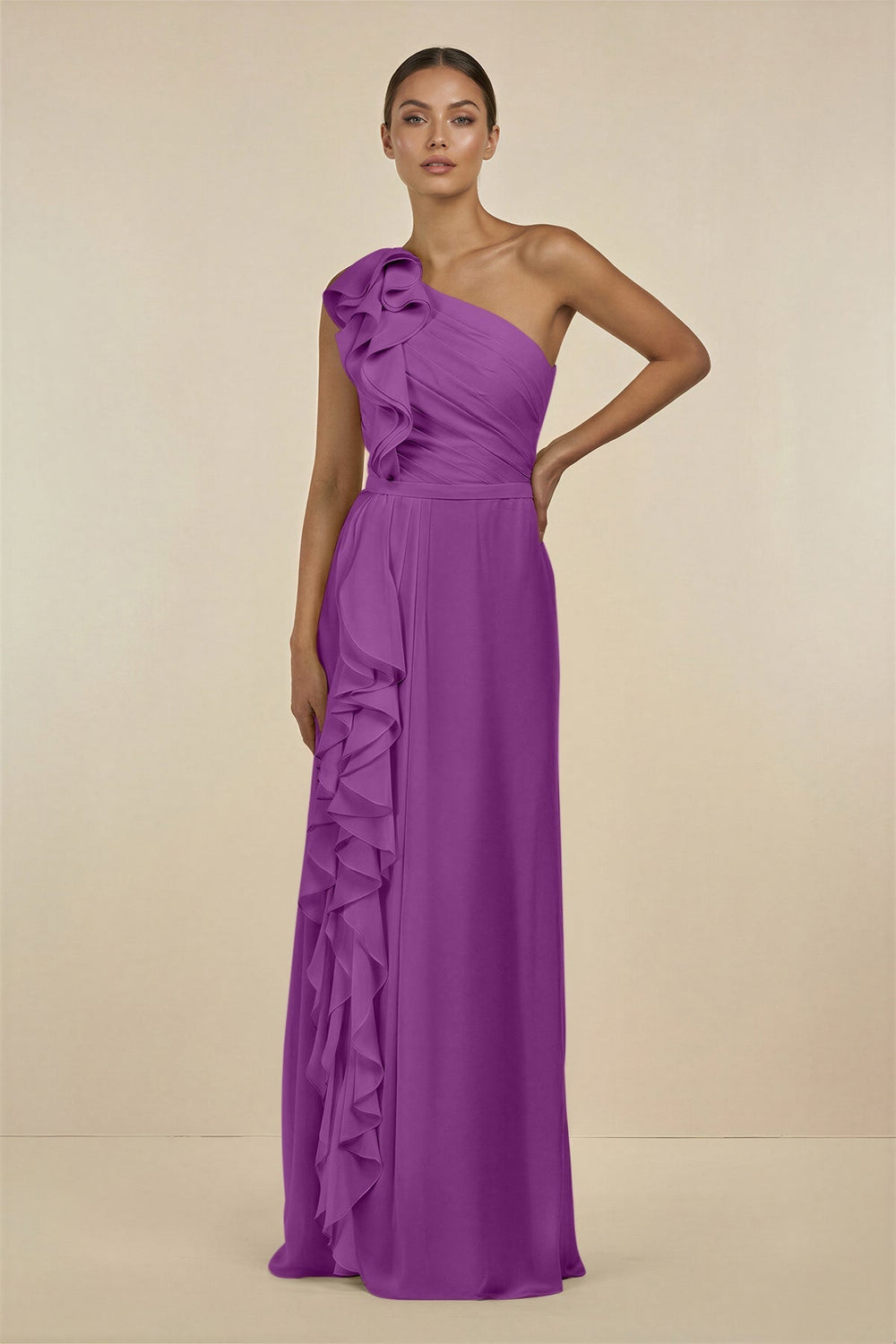 Ruffled One - Shoulder Pleated Sheath Bridesmaid Dress in Amethyst - SHE IS ME Bridesmaid Dresses
