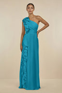 Ruffled One - Shoulder Pleated Sheath Bridesmaid Dress in Blue Jay - SHE IS ME Bridesmaid Dresses