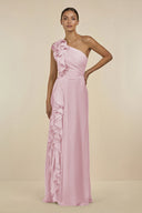 Ruffled One - Shoulder Pleated Sheath Bridesmaid Dress in Candy Pink - SHE IS ME Bridesmaid Dresses