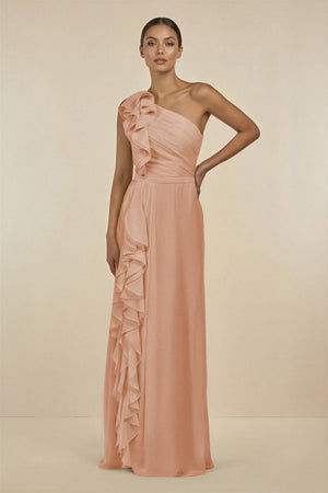 Ruffled One - Shoulder Pleated Sheath Bridesmaid Dress in Champagne Rose - SHE IS ME Bridesmaid Dresses