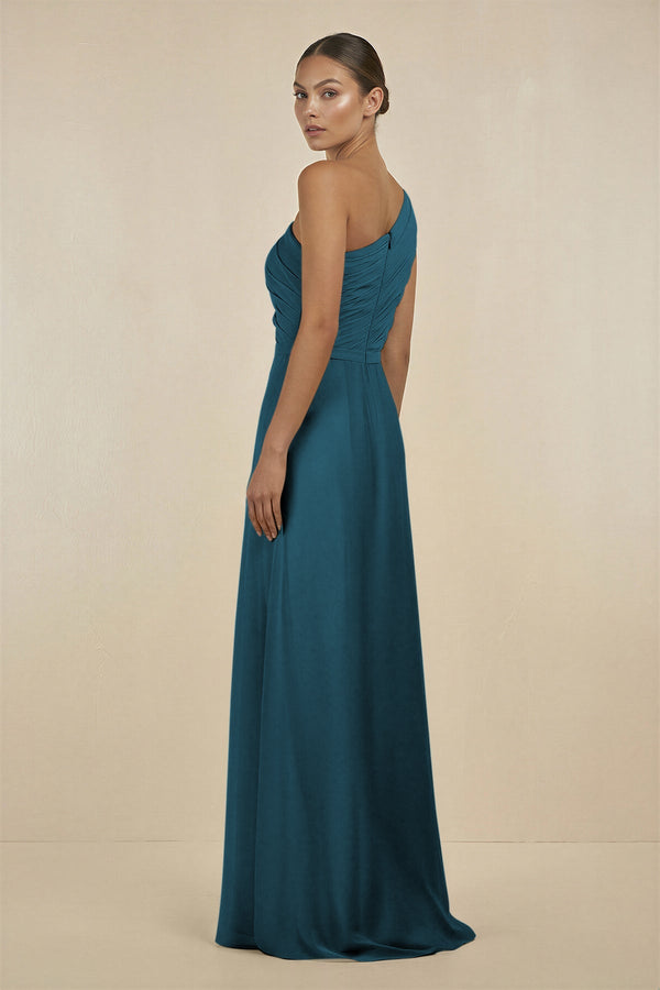 Ruffled One - Shoulder Pleated Sheath Bridesmaid Dress in Dark Teal - SHE IS ME Bridesmaid Dresses