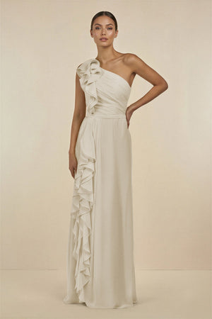 Ruffled One - Shoulder Pleated Sheath Bridesmaid Dress in Dove Gray - SHE IS ME Bridesmaid Dresses