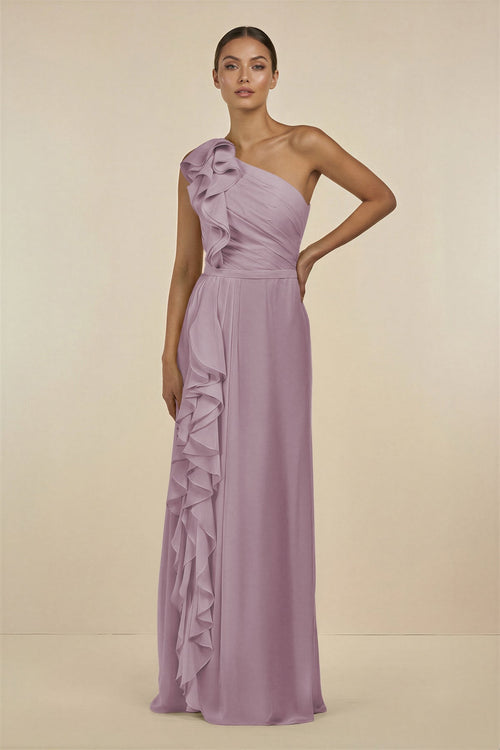 Ruffled One - Shoulder Pleated Sheath Bridesmaid Dress in Dusk - SHE IS ME Bridesmaid Dresses
