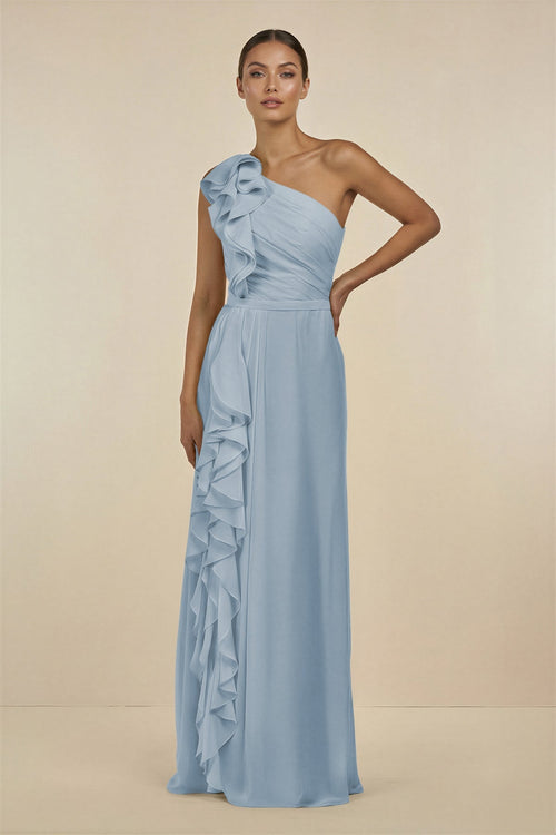 Ruffled One - Shoulder Pleated Sheath Bridesmaid Dress in Dusty Blue - SHE IS ME Bridesmaid Dresses