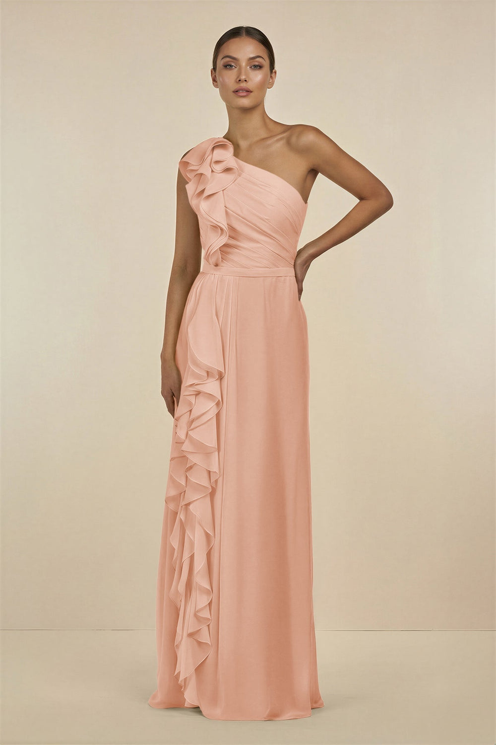 Ruffled One - Shoulder Pleated Sheath Bridesmaid Dress in English Rose - SHE IS ME Bridesmaid Dresses