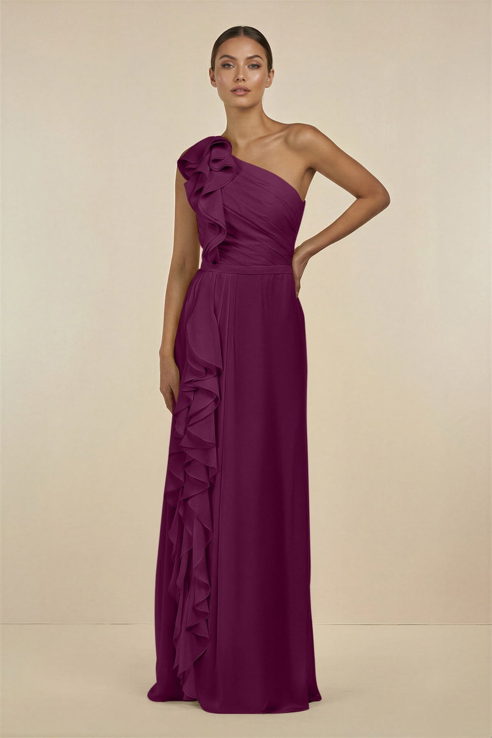 Ruffled One - Shoulder Pleated Sheath Bridesmaid Dress in Fig - SHE IS ME Bridesmaid Dresses