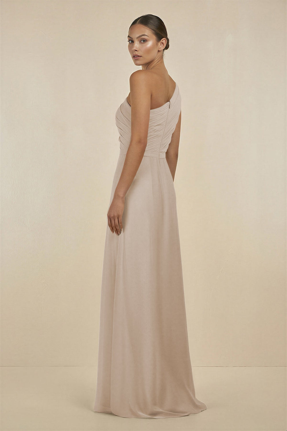 Ruffled One - Shoulder Pleated Sheath Bridesmaid Dress in Frost - SHE IS ME Bridesmaid Dresses