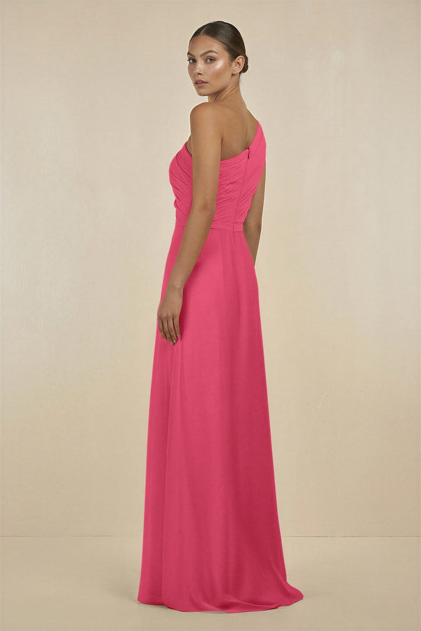 Ruffled One - Shoulder Pleated Sheath Bridesmaid Dress in Fuchsia - SHE IS ME Bridesmaid Dresses