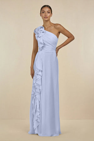 Ruffled One - Shoulder Pleated Sheath Bridesmaid Dress in Ice - SHE IS ME Bridesmaid Dresses