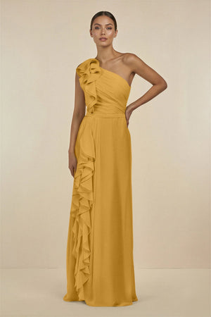 Ruffled One - Shoulder Pleated Sheath Bridesmaid Dress in Marigold - SHE IS ME Bridesmaid Dresses