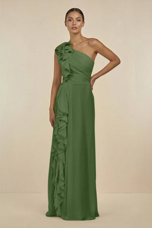 Ruffled One - Shoulder Pleated Sheath Bridesmaid Dress in Moss - SHE IS ME Bridesmaid Dresses