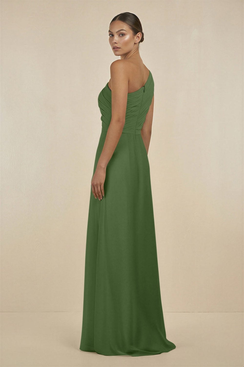 Ruffled One - Shoulder Pleated Sheath Bridesmaid Dress in Moss - SHE IS ME Bridesmaid Dresses