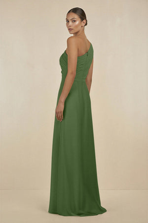 Ruffled One - Shoulder Pleated Sheath Bridesmaid Dress in Moss - SHE IS ME Bridesmaid Dresses