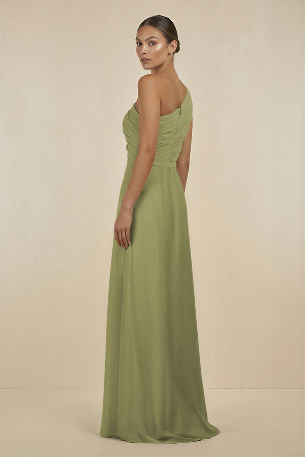 Ruffled One - Shoulder Pleated Sheath Bridesmaid Dress in Moss Green - SHE IS ME Bridesmaid Dresses