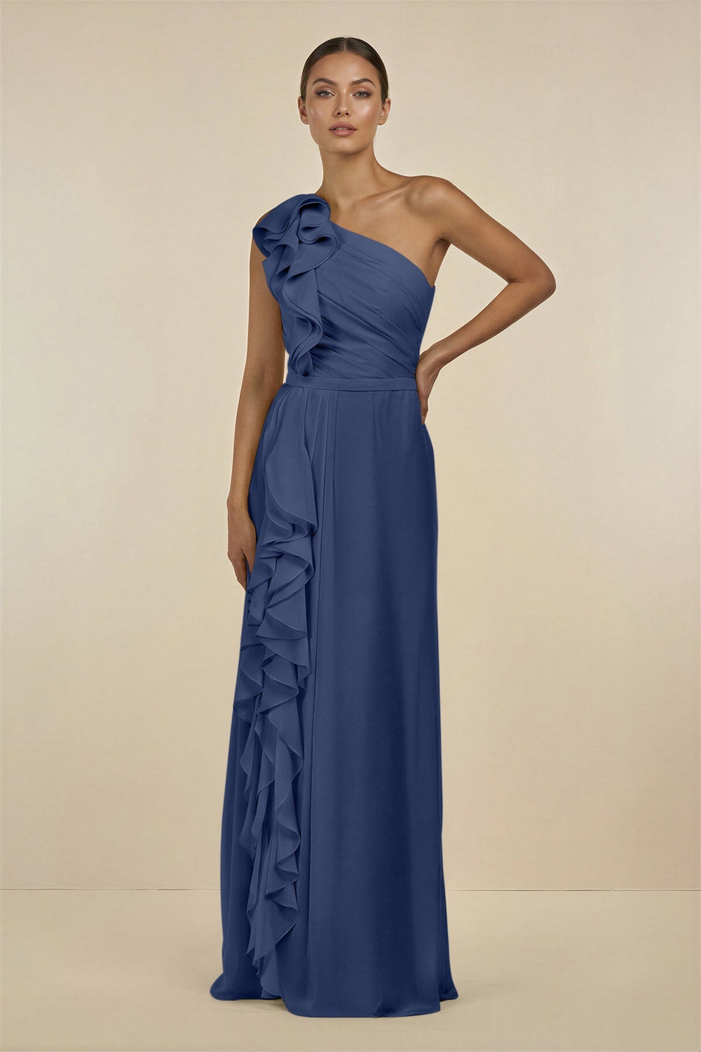 Ruffled One - Shoulder Pleated Sheath Bridesmaid Dress in Navy - SHE IS ME Bridesmaid Dresses