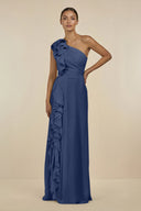Ruffled One - Shoulder Pleated Sheath Bridesmaid Dress in Navy - SHE IS ME Bridesmaid Dresses