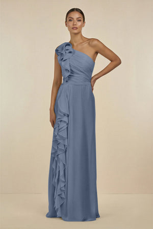 Ruffled One - Shoulder Pleated Sheath Bridesmaid Dress in Neptune - SHE IS ME Bridesmaid Dresses