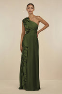 Ruffled One - Shoulder Pleated Sheath Bridesmaid Dress in Olive - SHE IS ME Bridesmaid Dresses