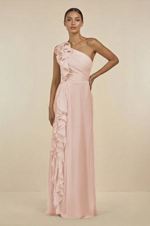 Ruffled One - Shoulder Pleated Sheath Bridesmaid Dress in Pale Blush - SHE IS ME Bridesmaid Dresses
