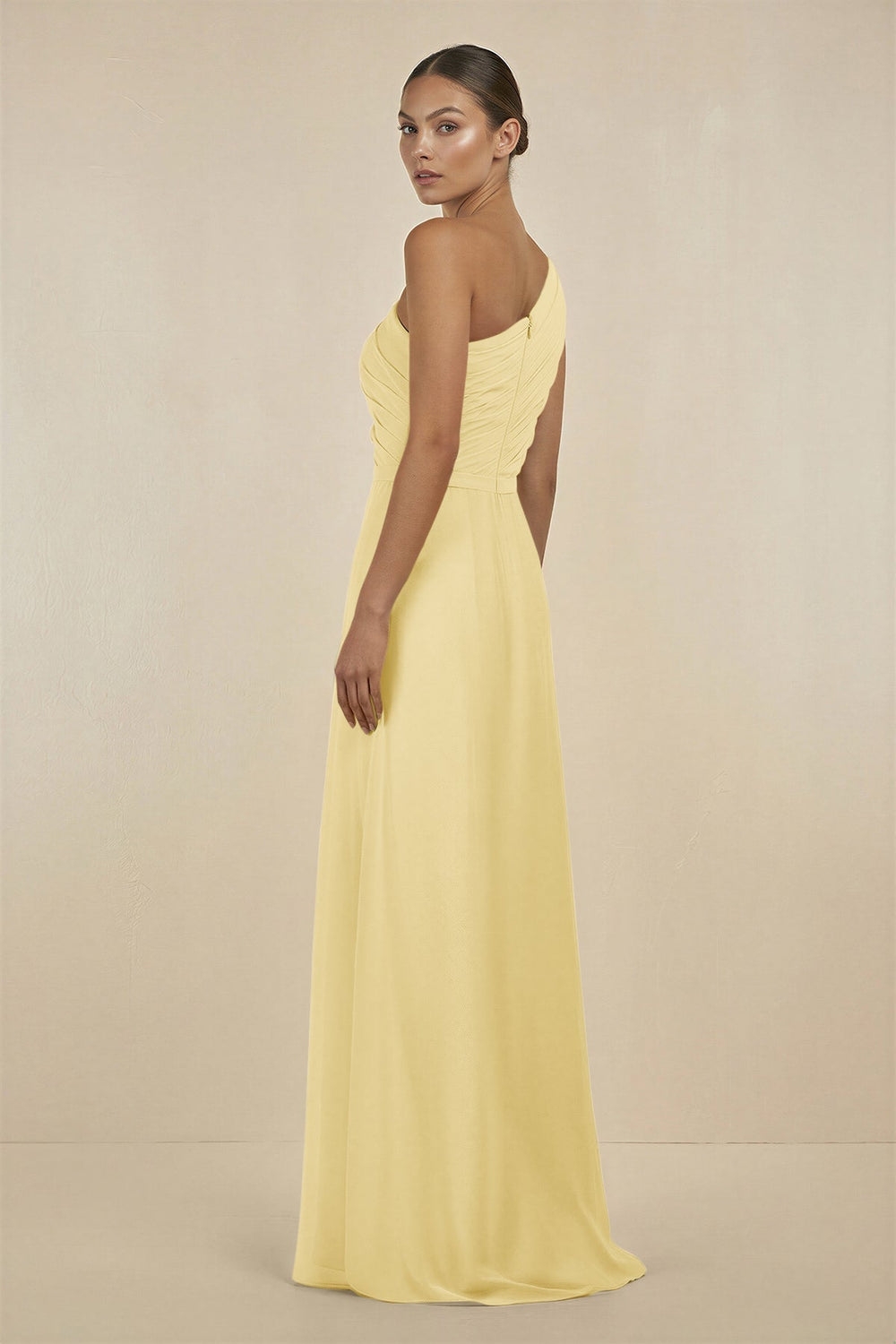 Ruffled One - Shoulder Pleated Sheath Bridesmaid Dress in Pastel Yellow - SHE IS ME Bridesmaid Dresses