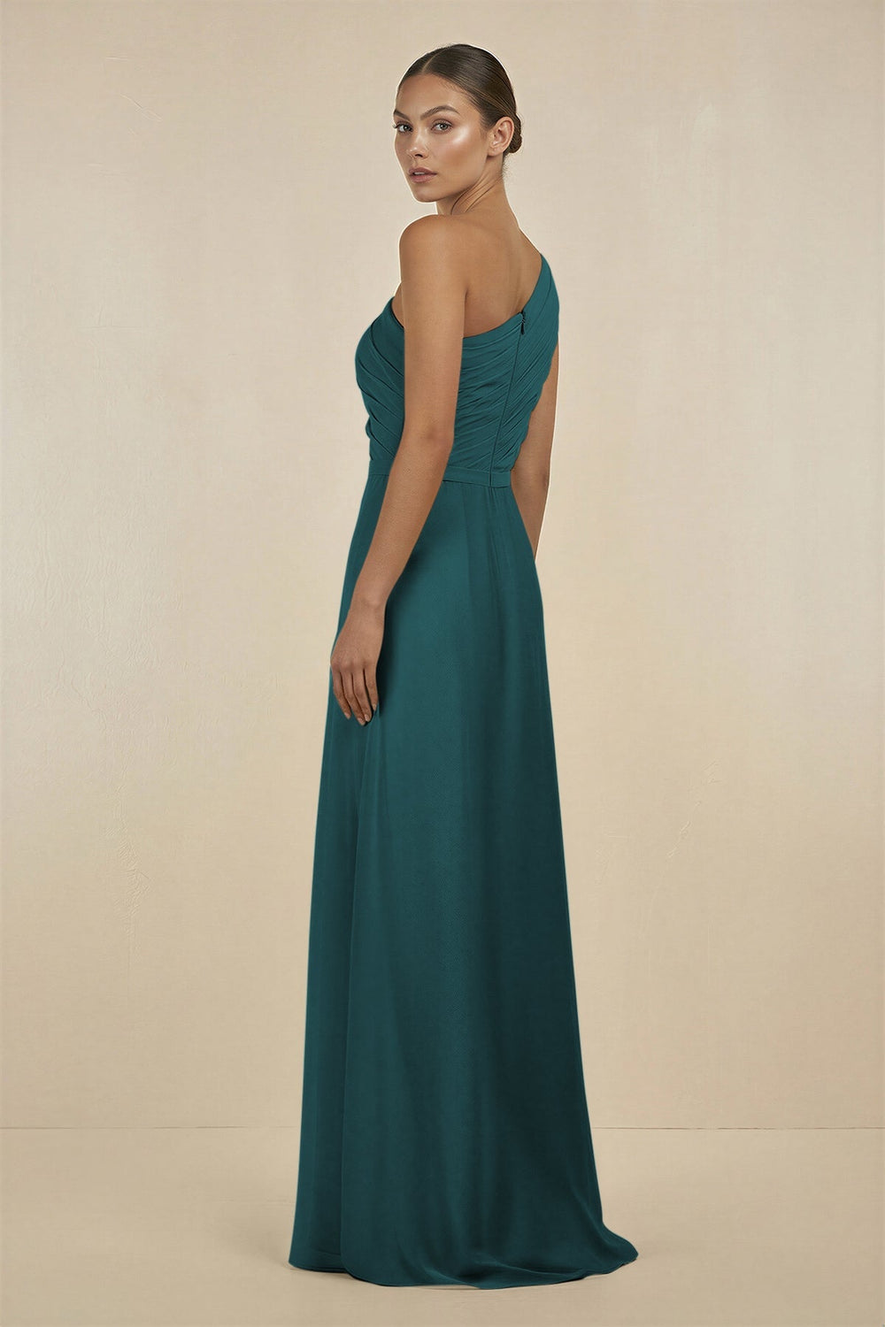 Ruffled One - Shoulder Pleated Sheath Bridesmaid Dress in Pine - SHE IS ME Bridesmaid Dresses