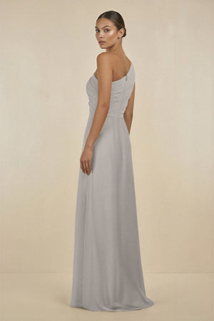 Ruffled One - Shoulder Pleated Sheath Bridesmaid Dress in Silver - SHE IS ME Bridesmaid Dresses