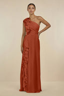 Ruffled One - Shoulder Pleated Sheath Bridesmaid Dress in Spice - SHE IS ME Bridesmaid Dresses