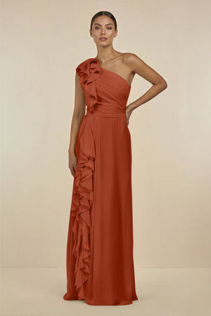 Ruffled One - Shoulder Pleated Sheath Bridesmaid Dress in Spice - SHE IS ME Bridesmaid Dresses