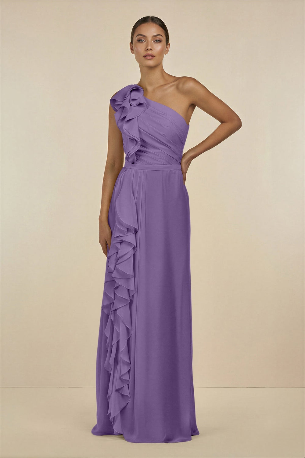 Ruffled One - Shoulder Pleated Sheath Bridesmaid Dress in Tahiti - SHE IS ME Bridesmaid Dresses