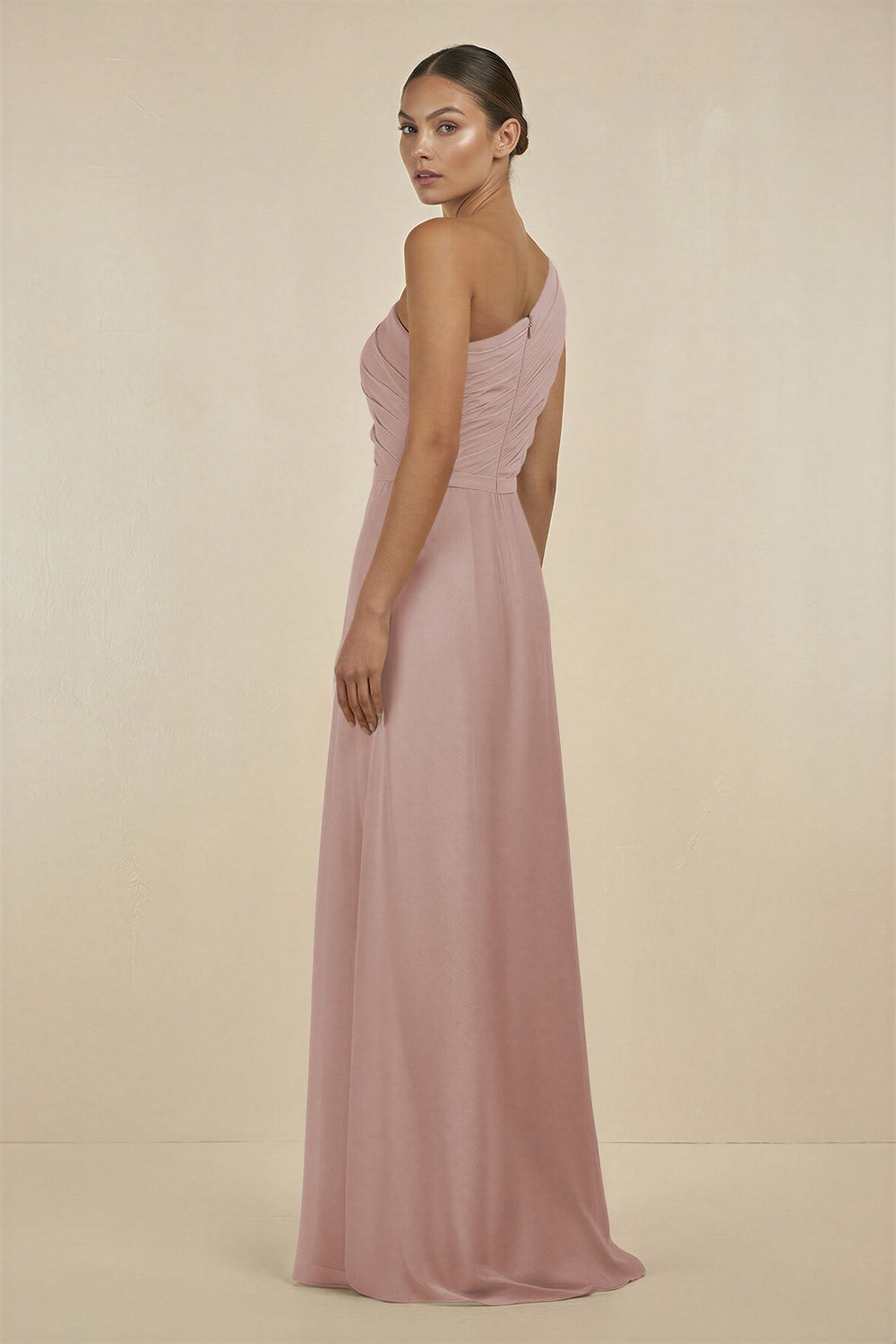Ruffled One - Shoulder Pleated Sheath Bridesmaid Dress in Toffee - SHE IS ME Bridesmaid Dresses
