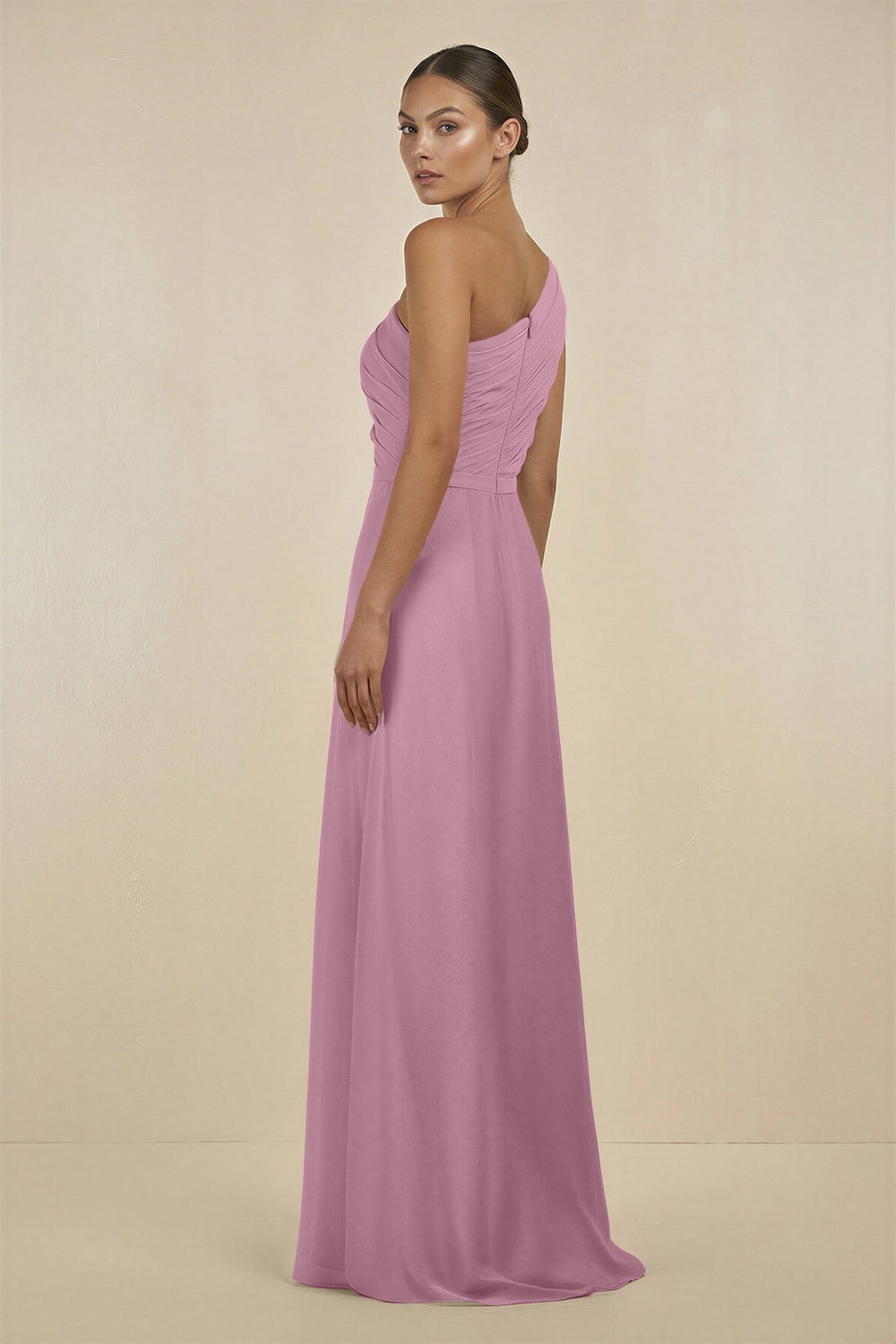 Ruffled One - Shoulder Pleated Sheath Bridesmaid Dress in Vintage Mauve - SHE IS ME Bridesmaid Dresses